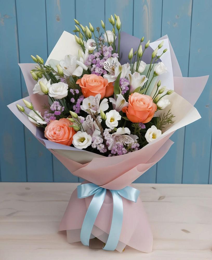 Букет цветов из: Лизиантусы, Розы, Альстромерии и Гипсофила в Ферзиково