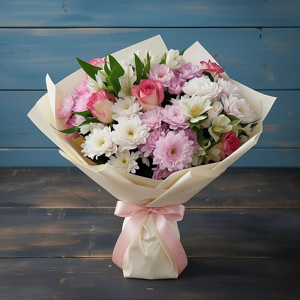 Букет цветов из: Хризантемы, Альстромерии и Розы в Ферзиково